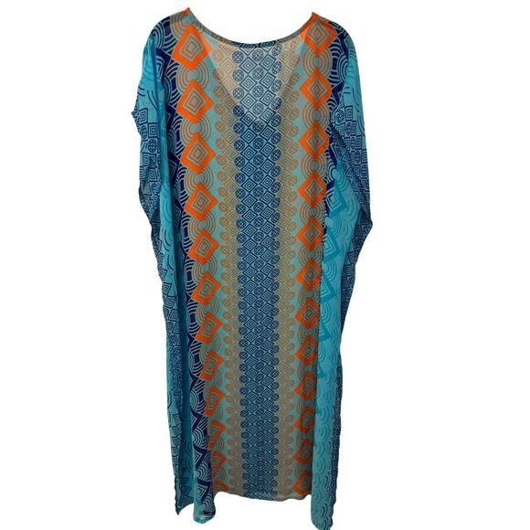 Blue Orange Geometric Print Chiffon Kaftan Beach Swim Cover Up One Size NWOT - Picture 3 of 7